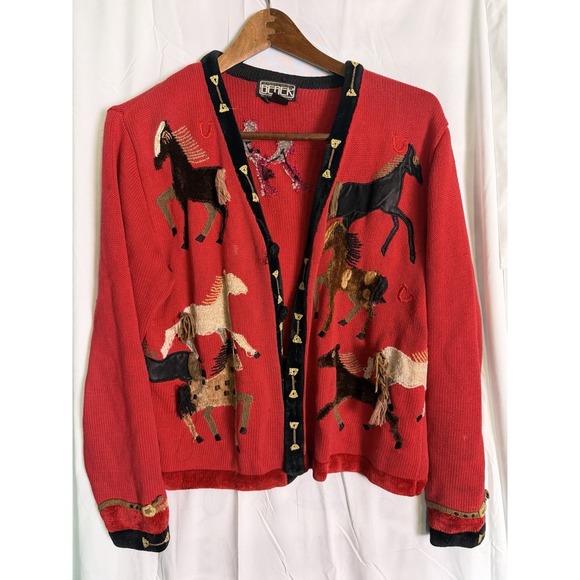 berek Sweaters - VTG Berek By Takako Sakon Red Equestrian Long Sleeve Horse Cardigan FLAWS Sz L